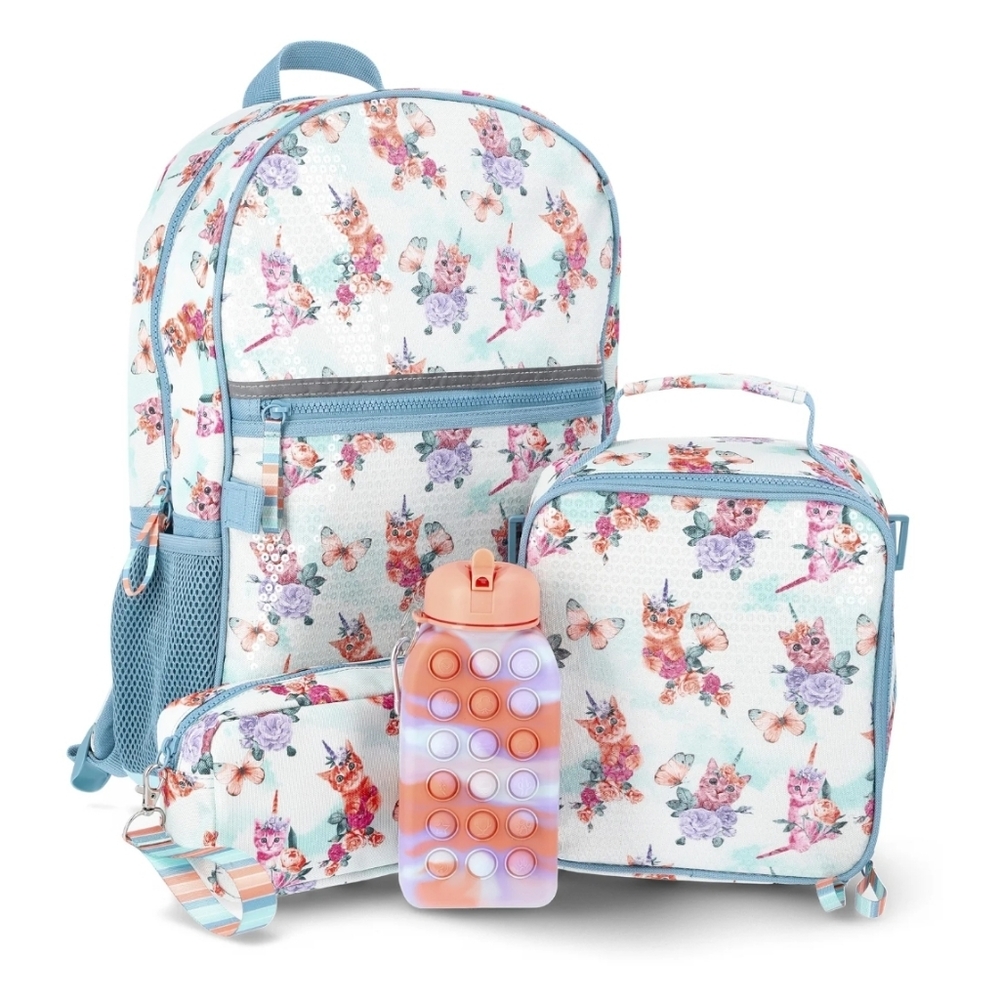 Wonder Nation Girls Sequin Caticorns Dream 17" Backpack and Lunch Bag- 4pc Set